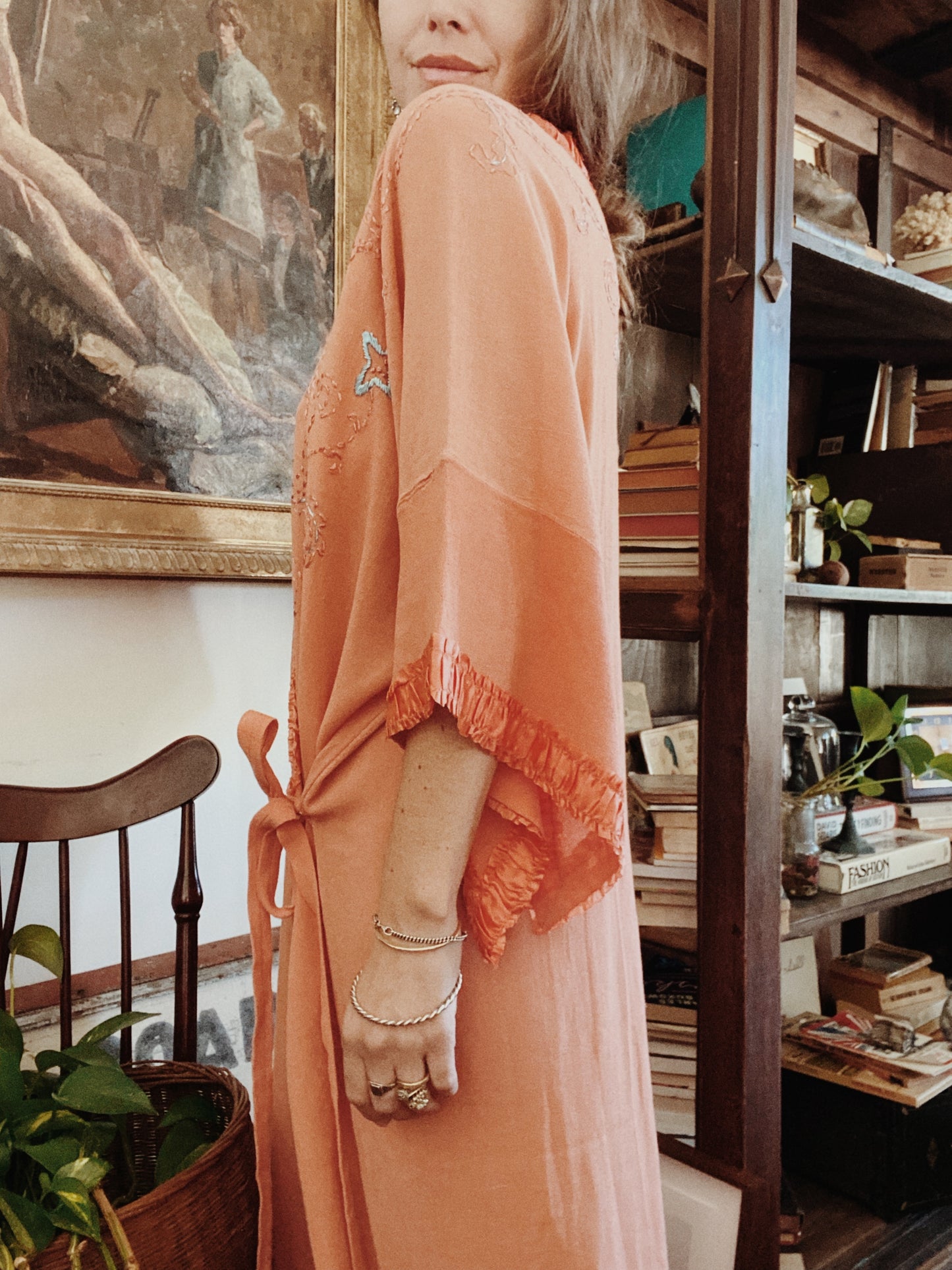 1920s Dusty Pink Embroidered Crepe Robe Dress- M/L