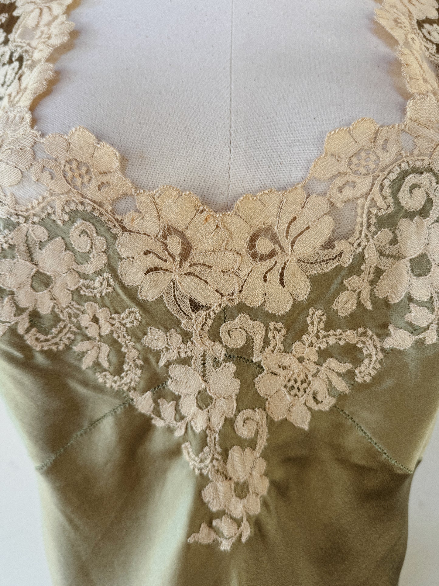 1930s Sage Charmeuse Silk Slip Dress w/ Ecru Lace Trim- S/M