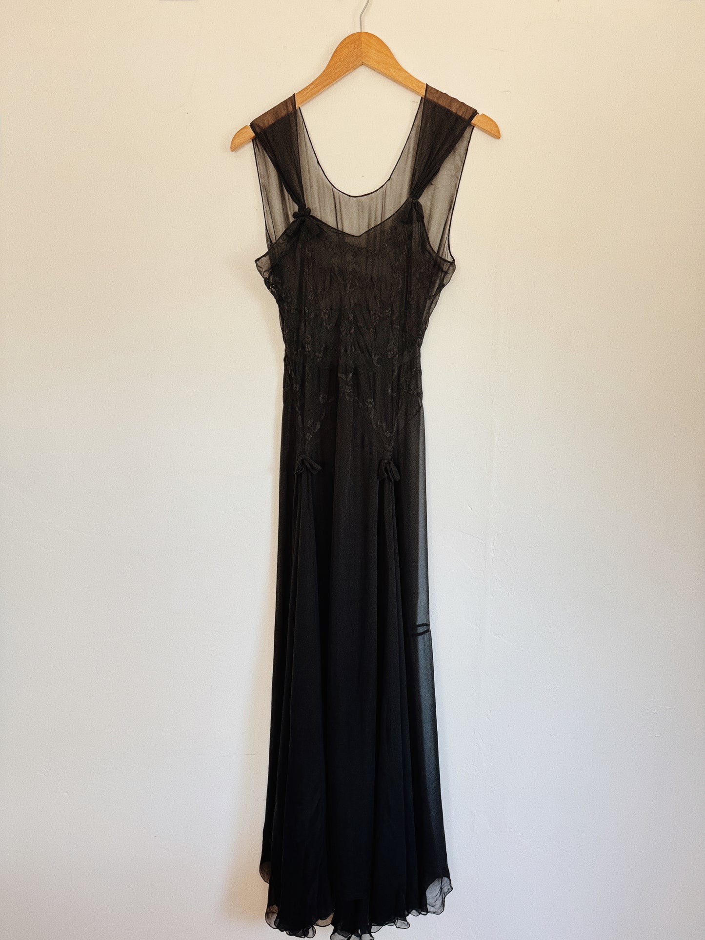 1930s Black Silk Chiffon Slip Dress w/ Floral Appliqué- S/M-M