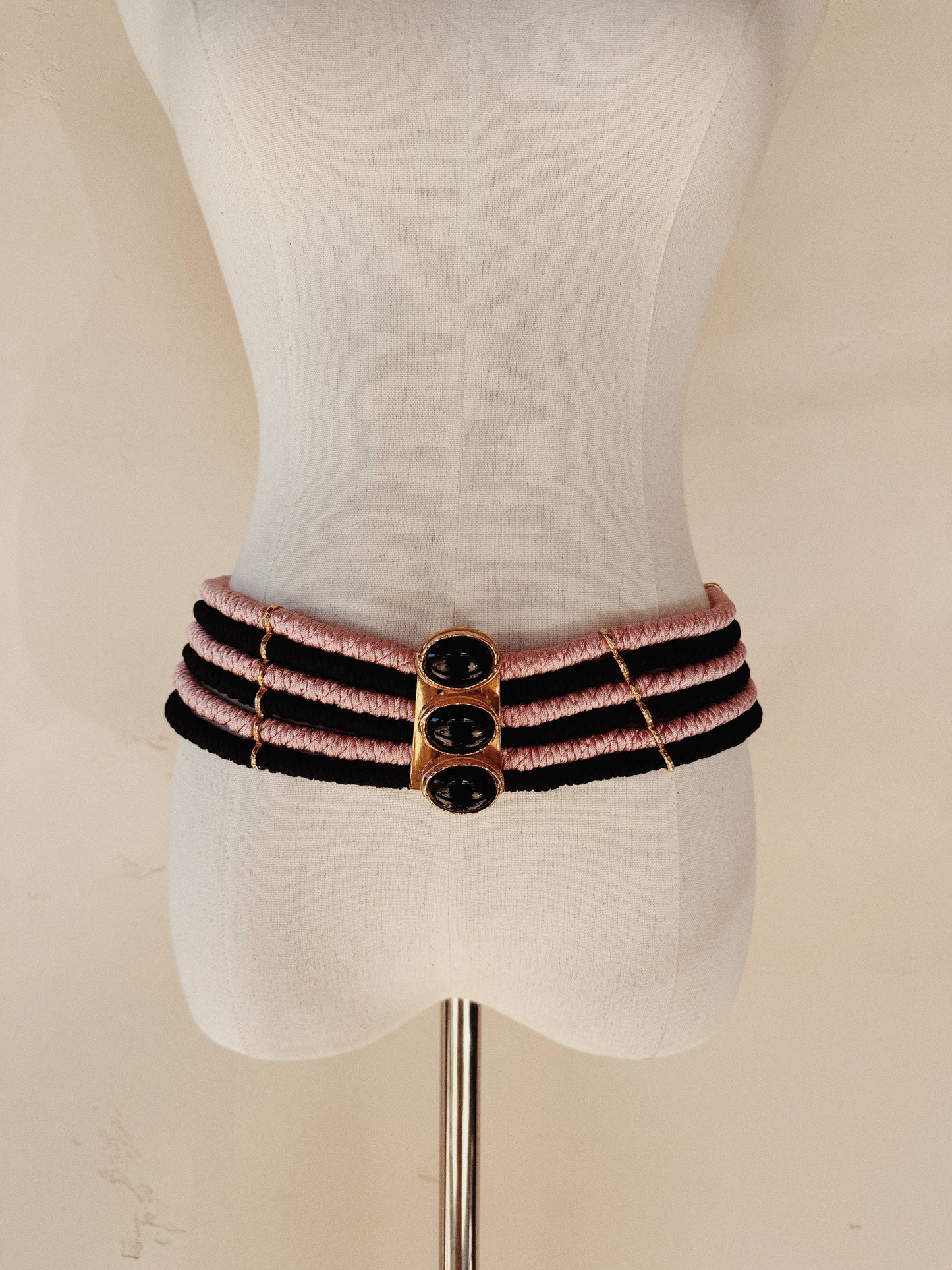 1980s YSL Pink + Black Corded Belt w/ Enamel Buckle- M/L