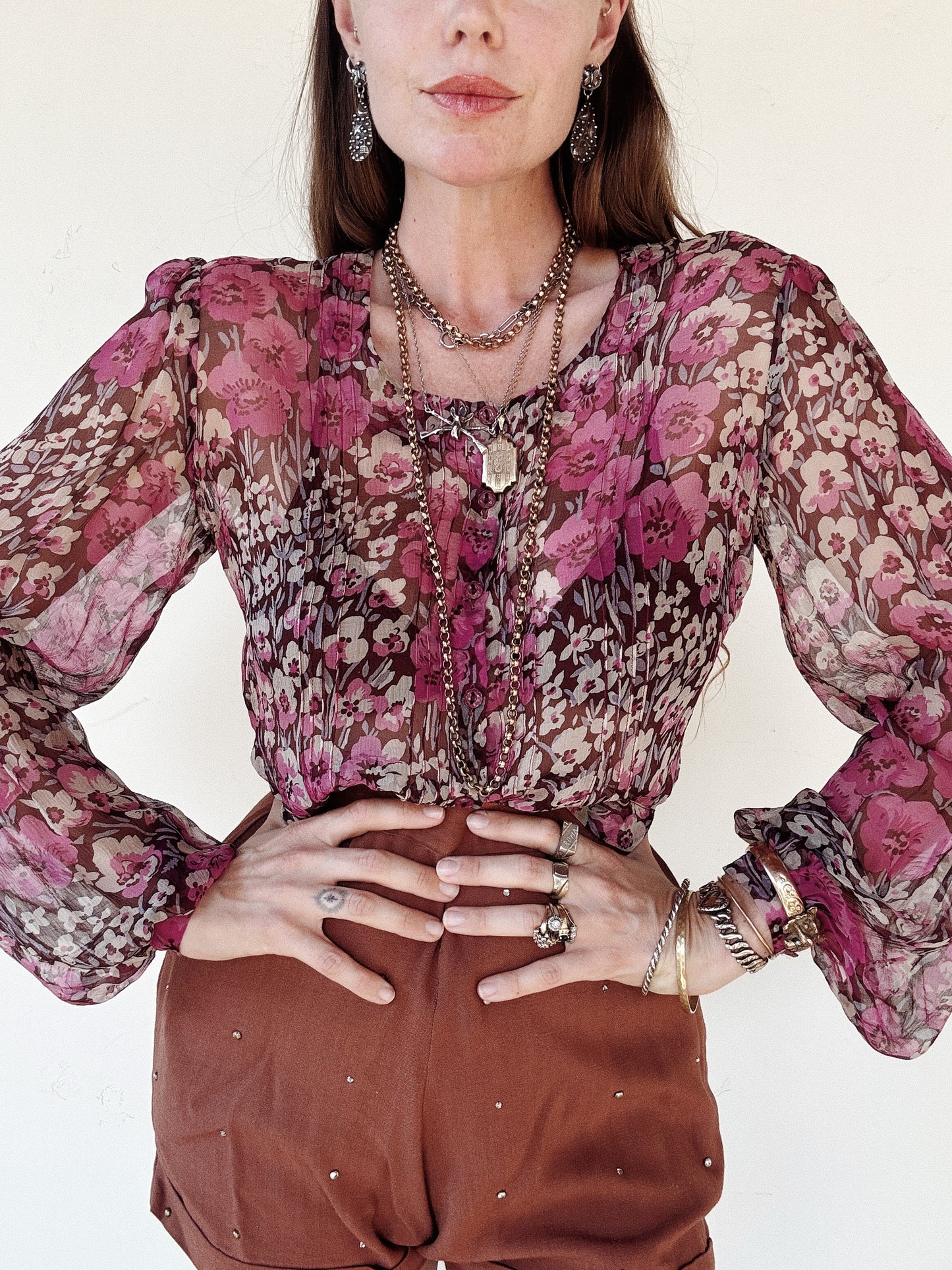 1930s I. Magnin Plum Purple Floral Silk Chiffon Cropped Blouse- S/M-M