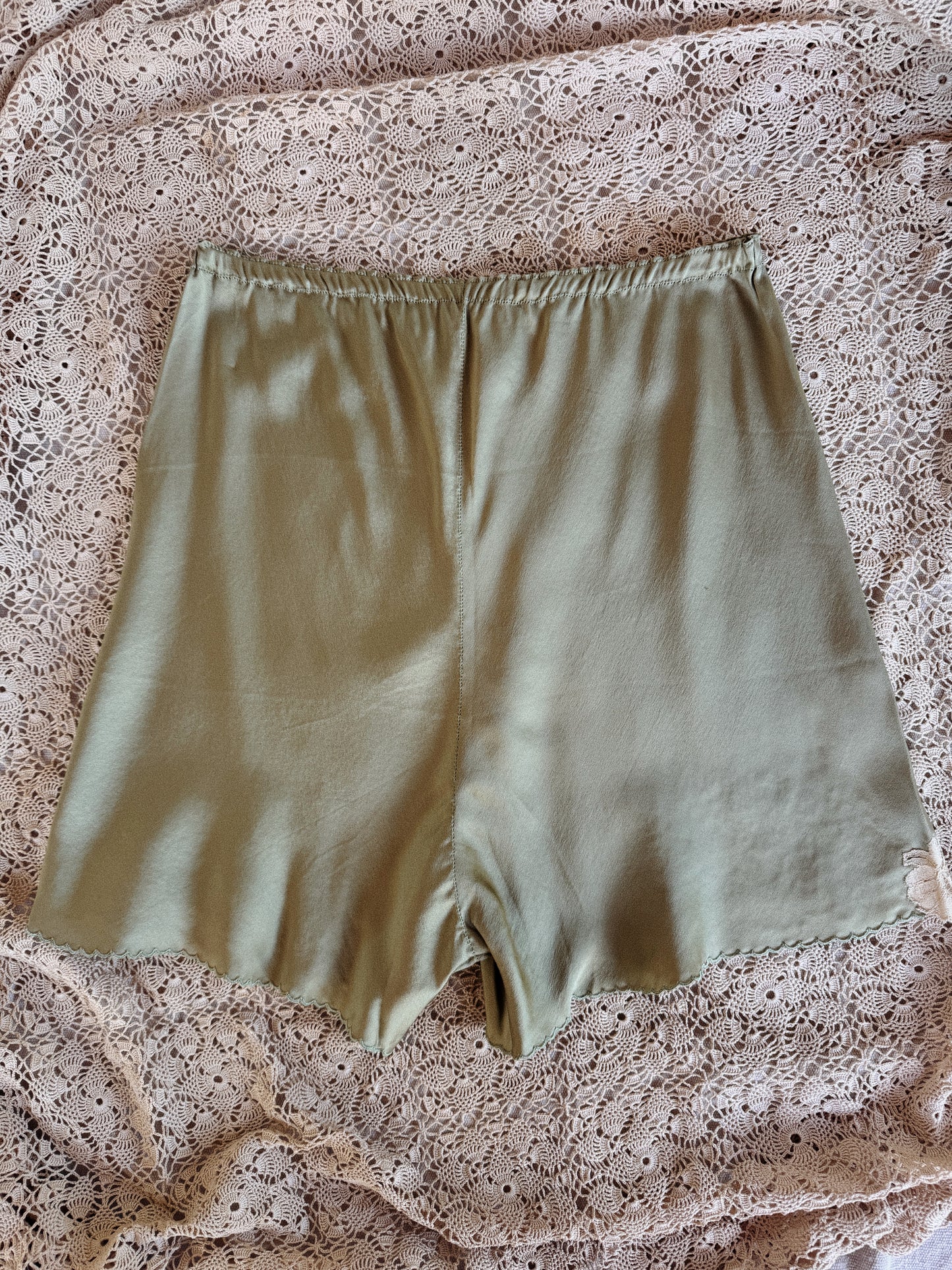 1930w Sage Charmeuse Silk + Lace Tap Shorts- S/M