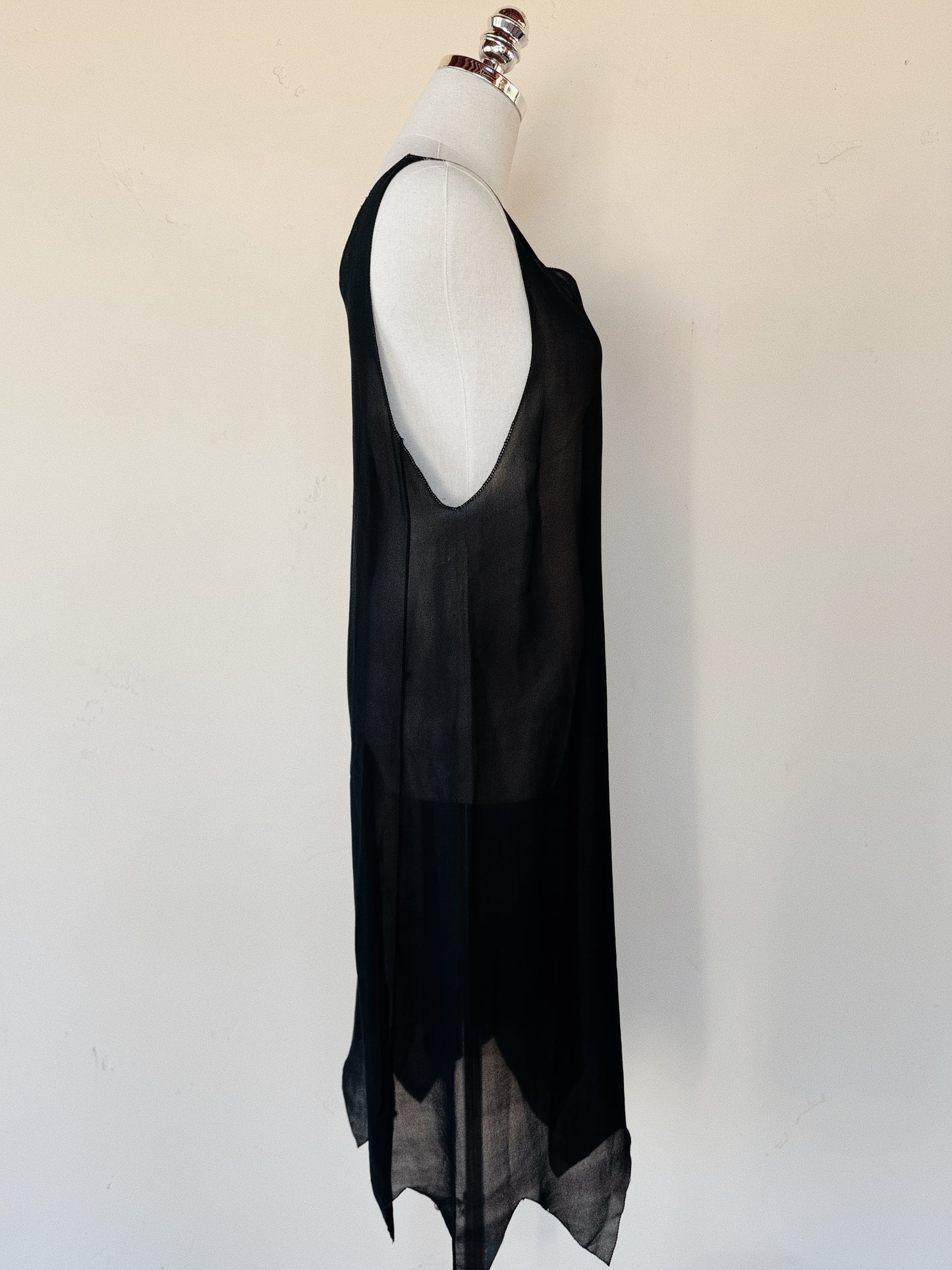 1920s Black Chiffon + Salmon Embroidered Shift Dress w/ Handkerchief Hem- M