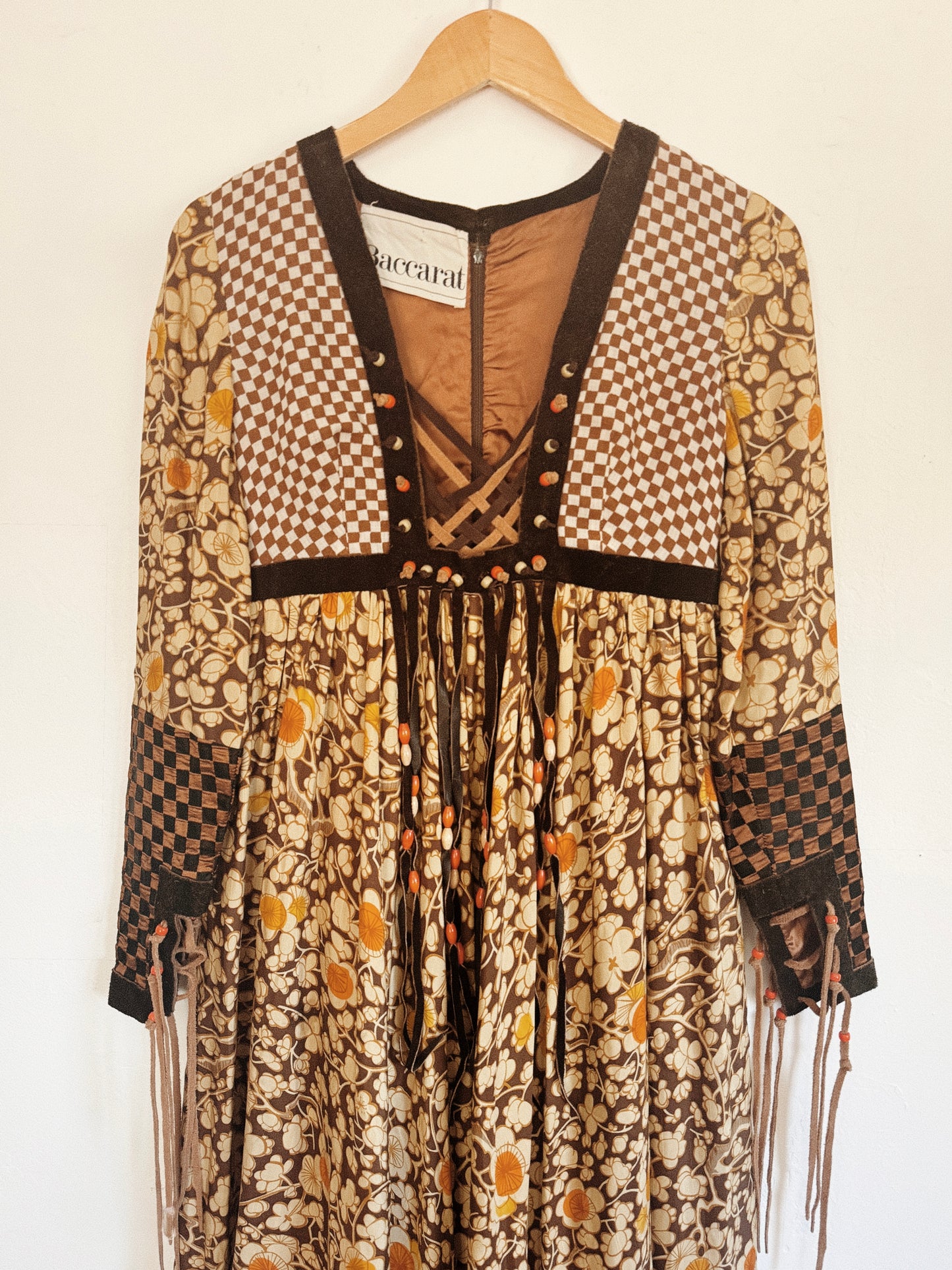 1970s Bill Gibb Archival Floral Silk + Suede Fringe Magpie Dress- S