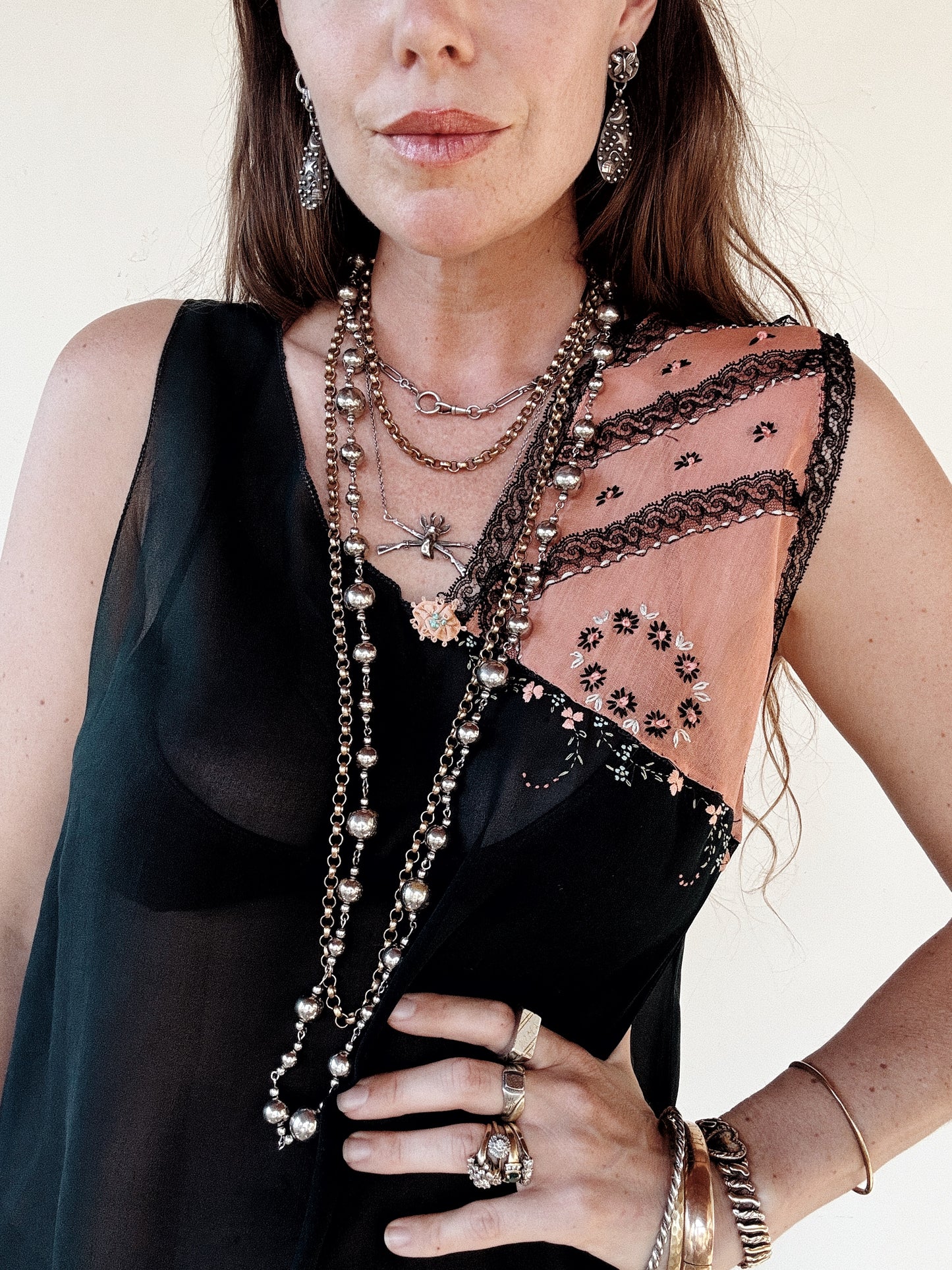 1920s Black Chiffon + Salmon Embroidered Shift Dress w/ Handkerchief Hem- M