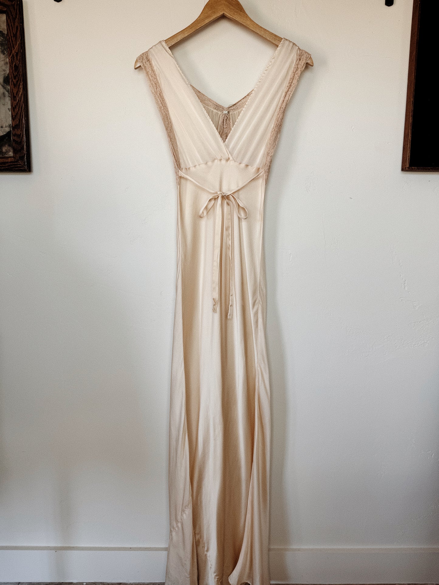 1930s Ivory Silk + Chiffon Slip Dress w/ Pale Blue Bow- XS-S