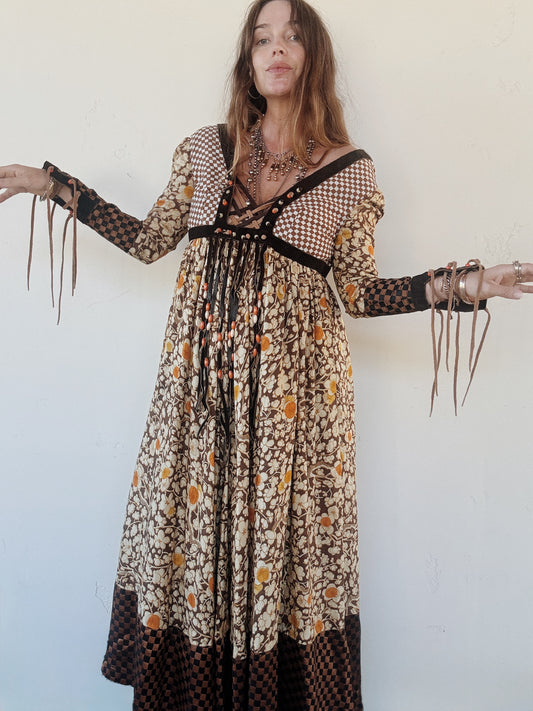 1970s Bill Gibb Archival Floral Silk + Suede Fringe Magpie Dress- S
