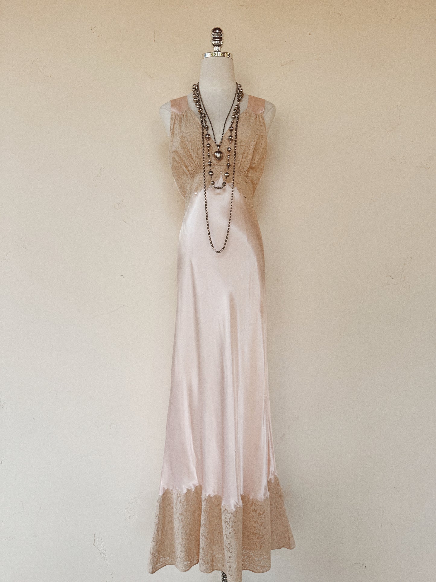 1930s/40s Pale Pink Liquid Satin + Lace Gown w/ Rhinestones- S/M