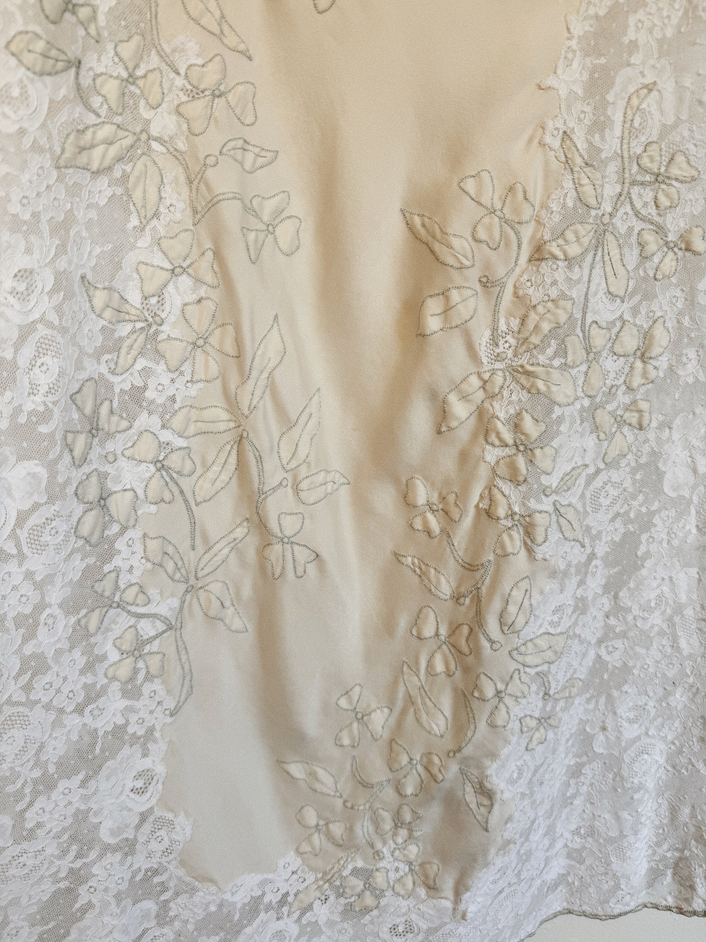 1940s/50s Ultra Pure White Lace + Silk Slip Dress w/ Pale Blue Flowers- S-M