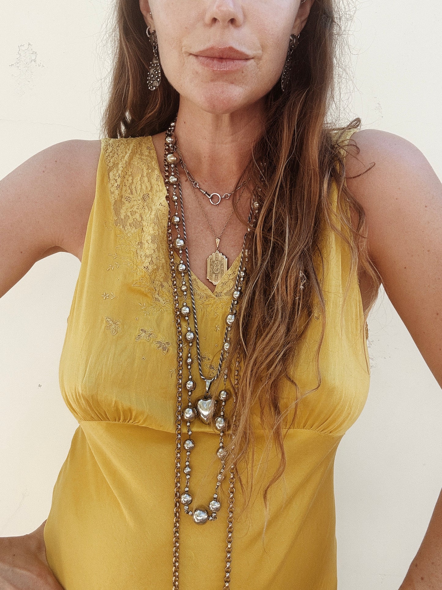 1930s Electric Mustard Silk Slip Dress w/ Floral Lace Inserts- M