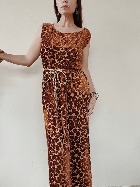 1920s Auburn Devore Silk Velvet Column Gown- S/M