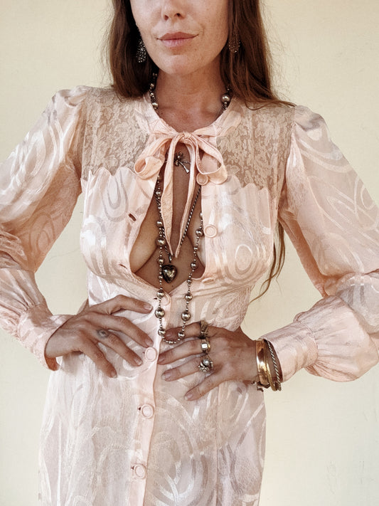 1930s Princess Pink Abstract Silk Dressing Gown- S