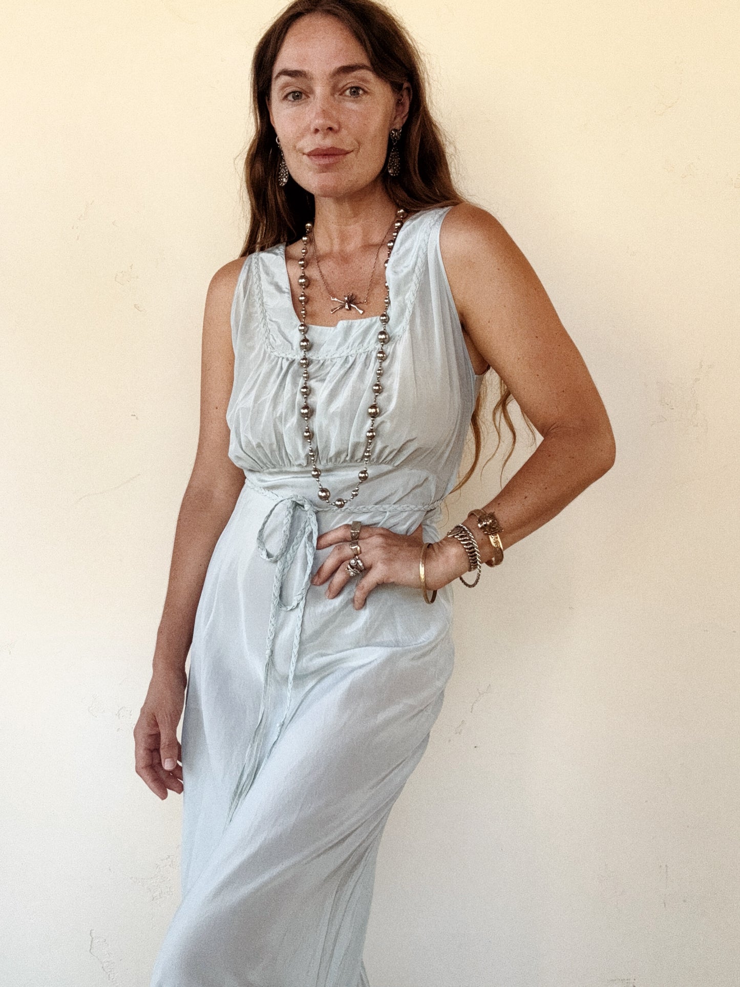 1940s Icy Blue Silk Crepe Slip w/ Braided Trim + Sash- S/M-M