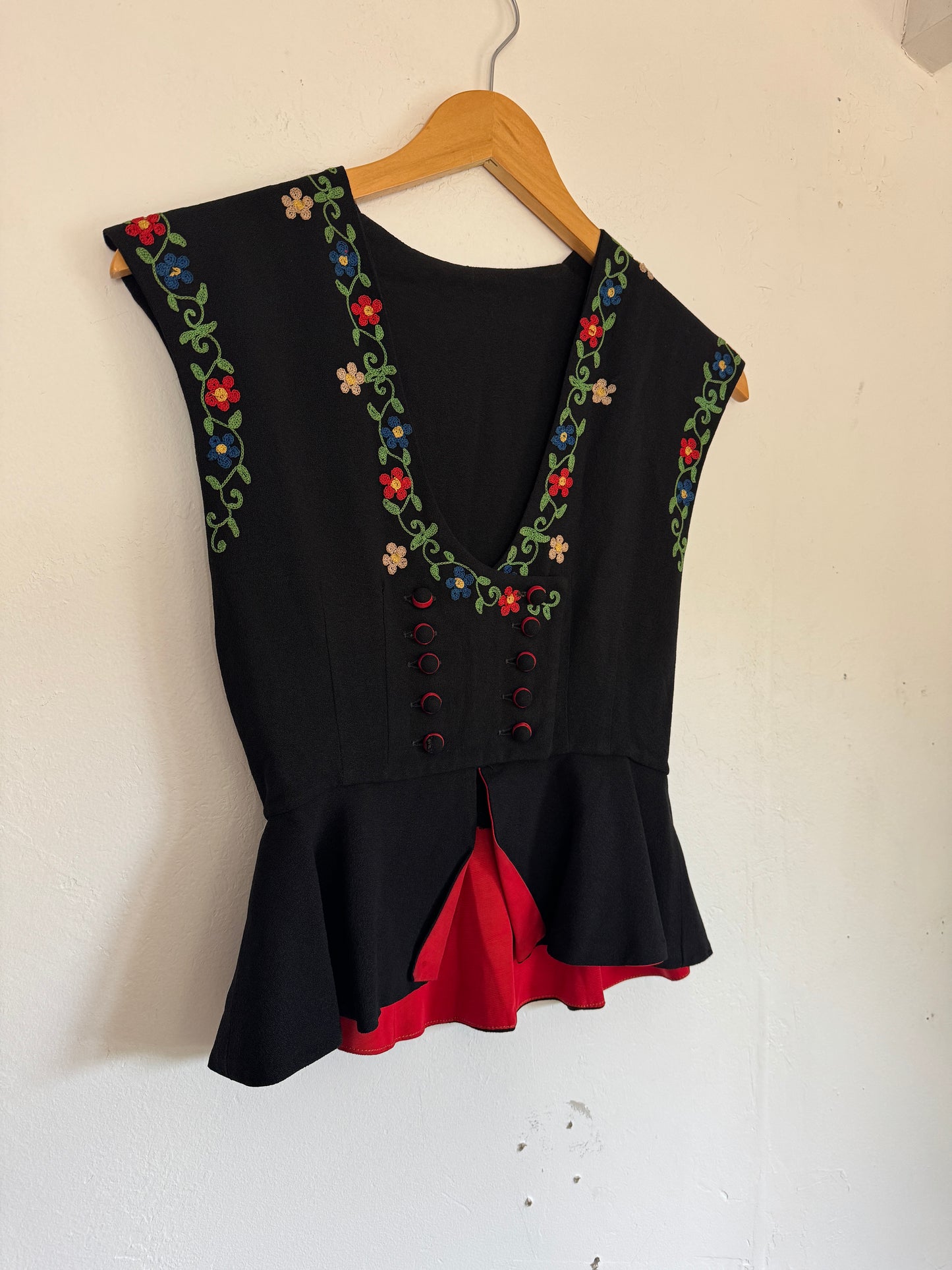 1940s Bavarian Floral Chain Stitched Peplum Top- XS