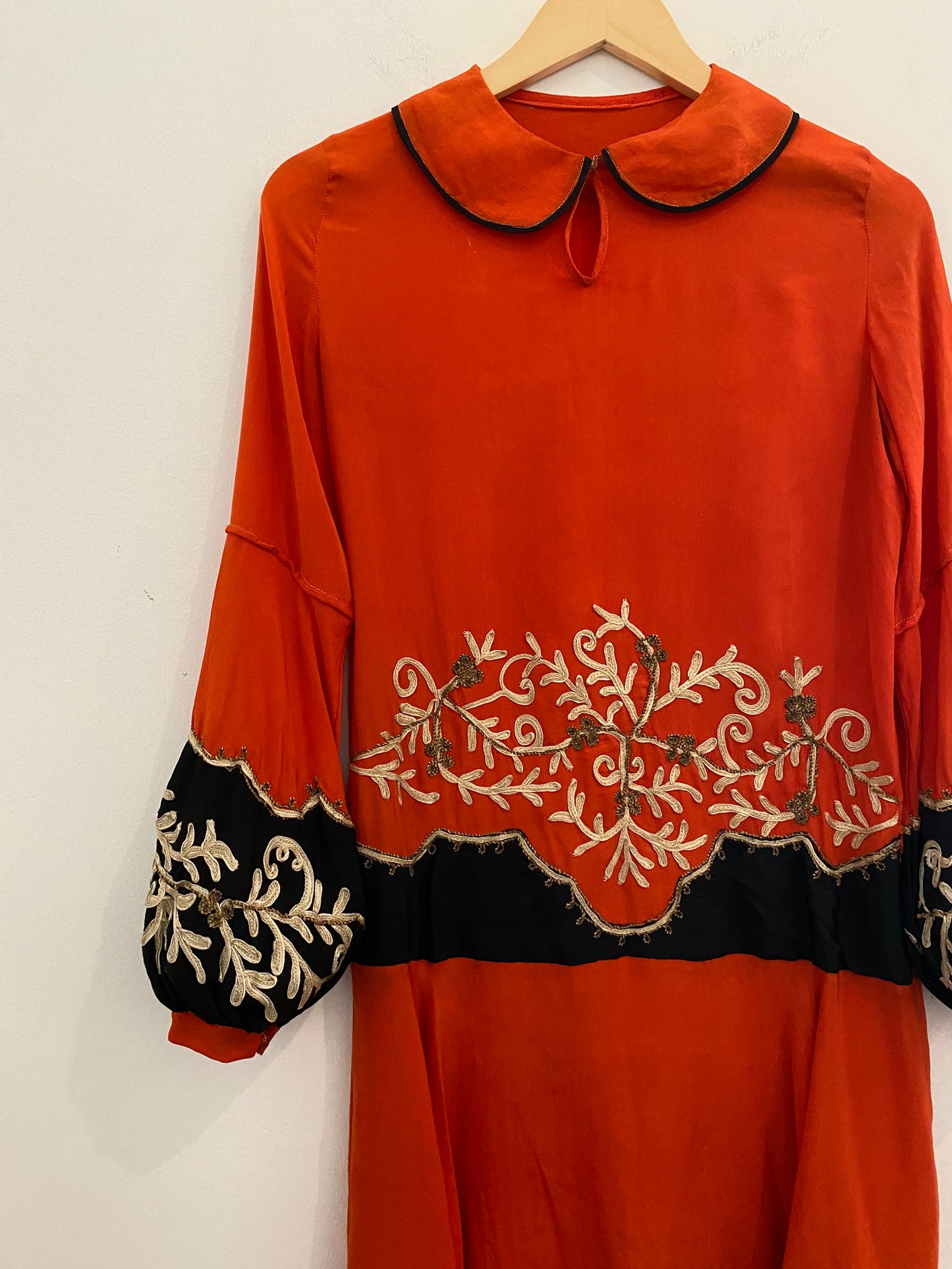 1920s Carnelian Silk Crepe Soutache Dress w/ Bishop Sleeves- XS/S