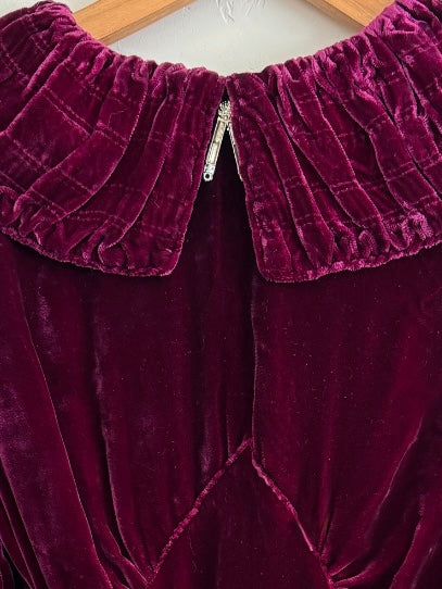 1930s Mulberry Ruched Silk Velvet Gown w/ Balloon Sleeves- S/M