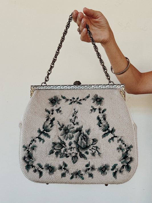 1960s Creme + Blue Green Large Needlepoint Handbag