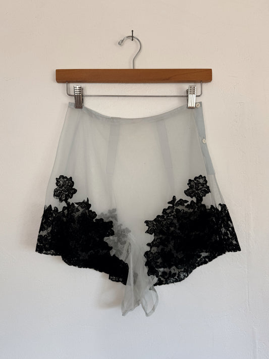 1940s Sky Blue Nylon Net Tap Shorts w/ Black Lace- S
