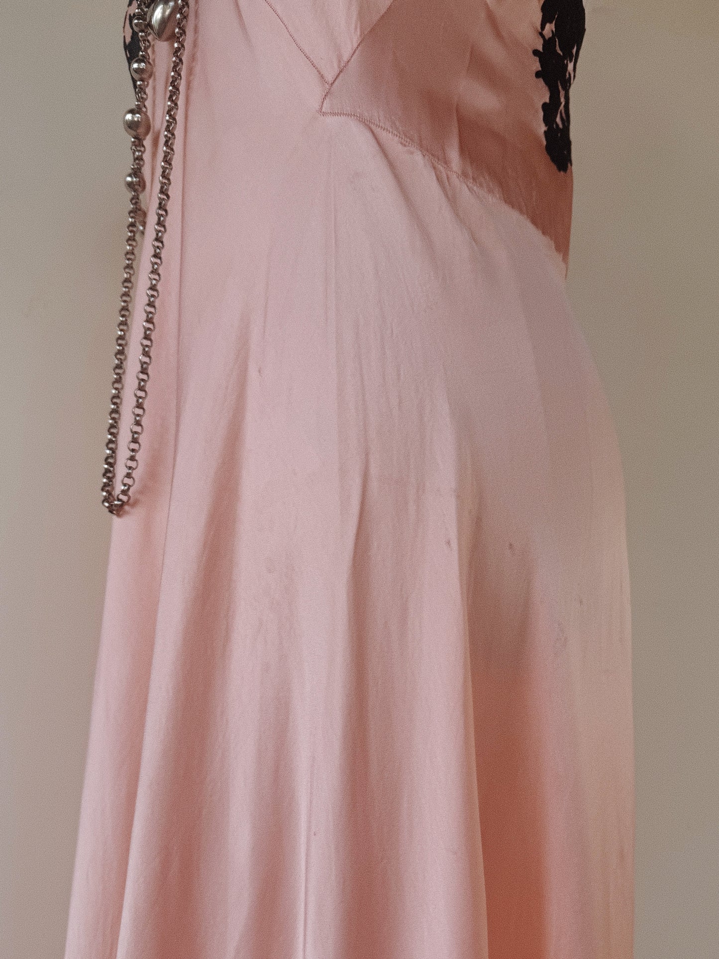 1930s Pretty in Pink Silk + Black Lace Slip Dress- S/M