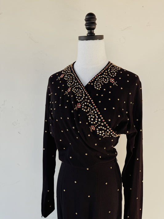 1940s Heavily Encrusted Rhinestone + Studded Crepe Evening Gown- M/L