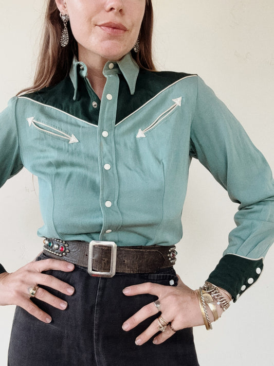1950s Emerald + Sage Gabardine Western Top- S/M
