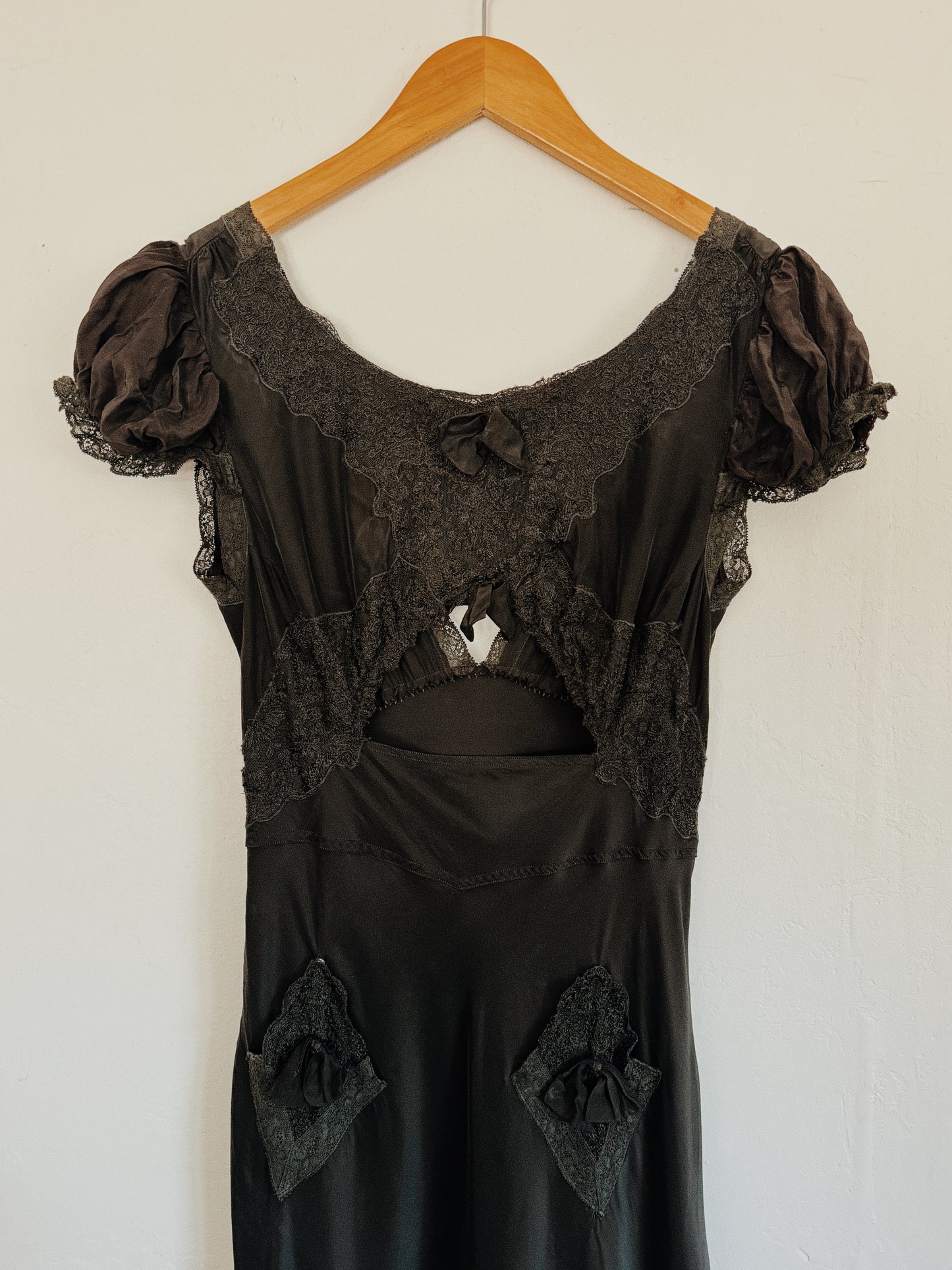1930s Black Sultry Rayon Silk Keyhole Lace Slip Dress w/ Caplet Shoulders- S-S/M