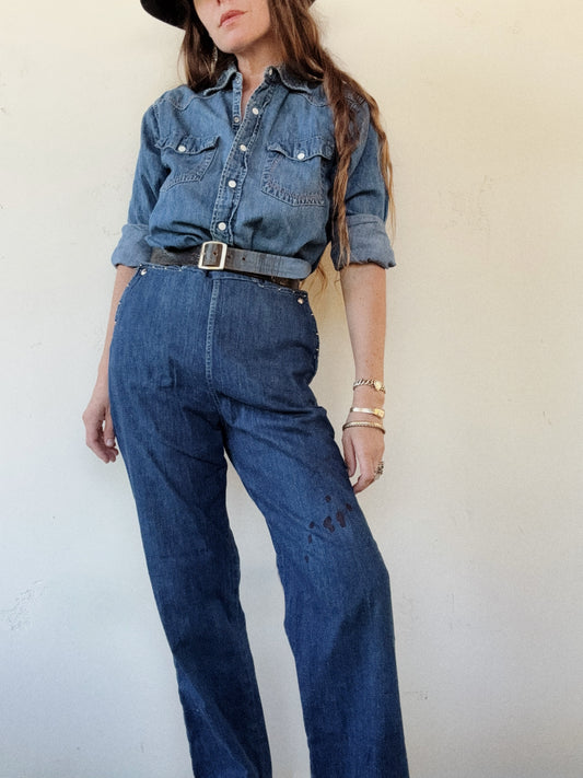 1950s Studded Dark Wash Denim Western Side Zip Pants- 30” Waist