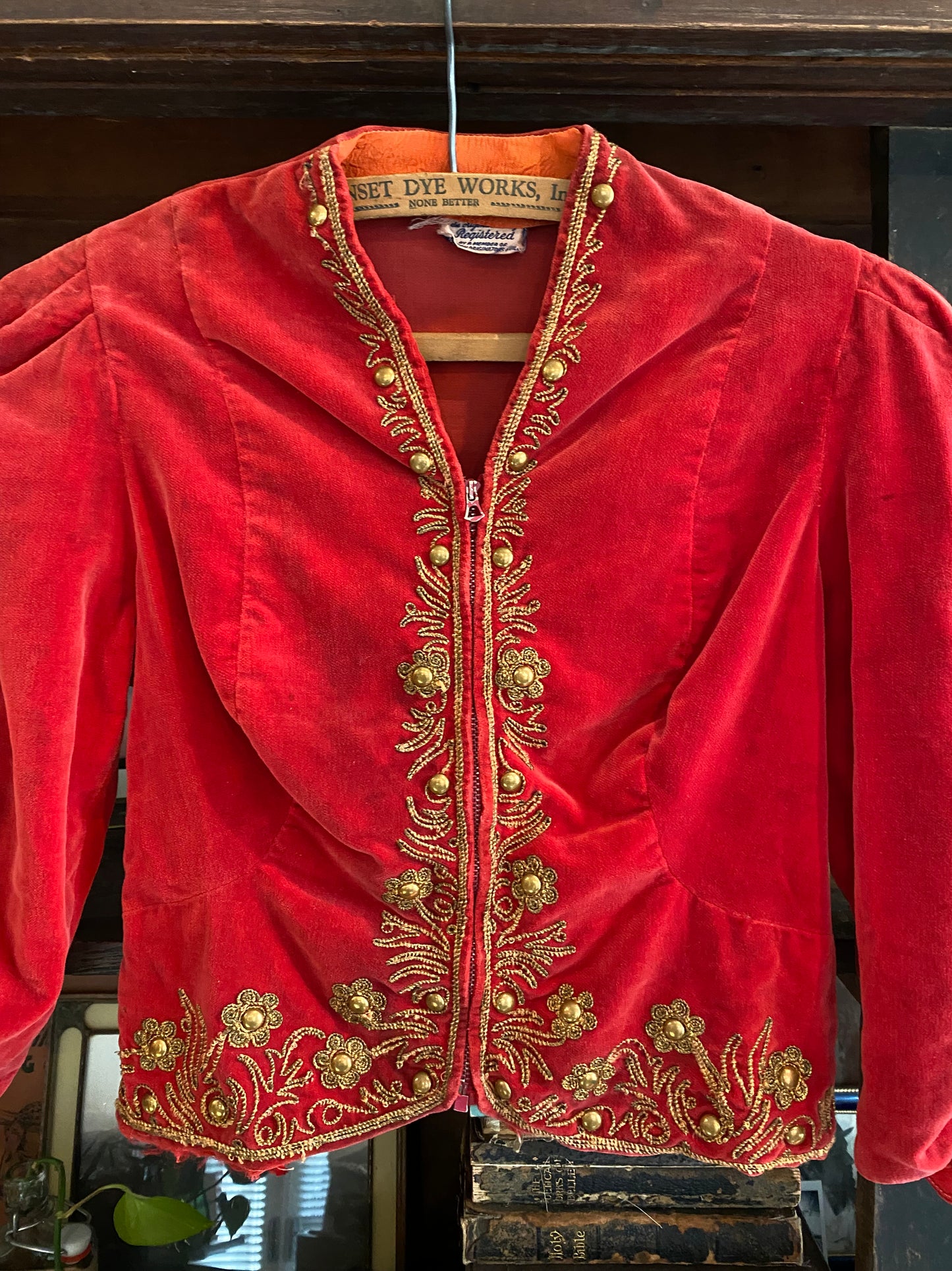 1930s FOGA Red Velvet + Gold Bullion Studded Cropped Jacket- XS/S