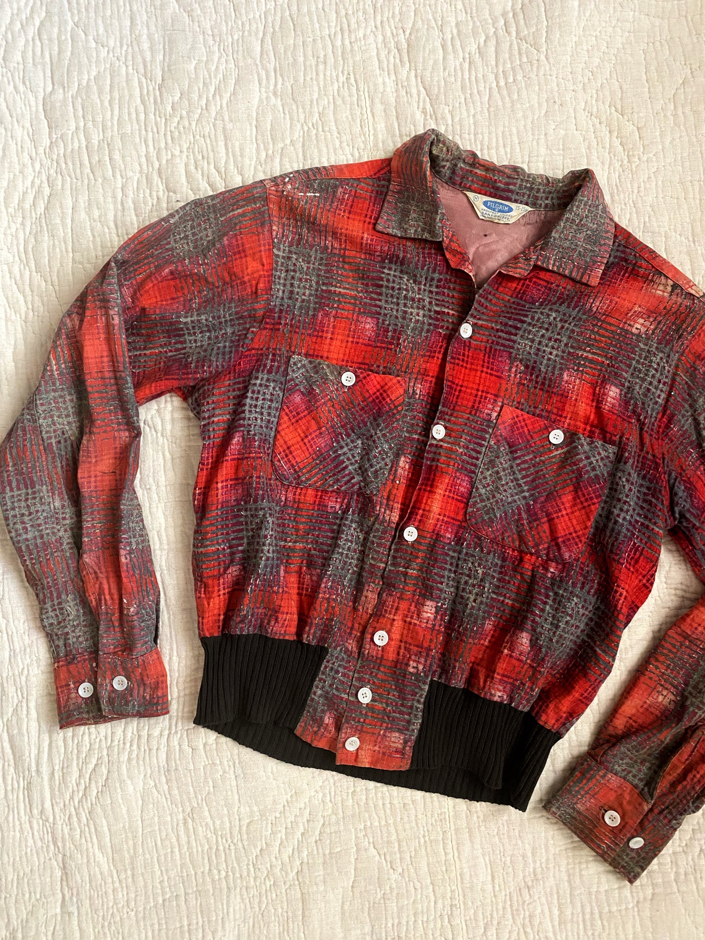 1950s Men’s Red + Burgundy Flannel Gaucho Shirt- M