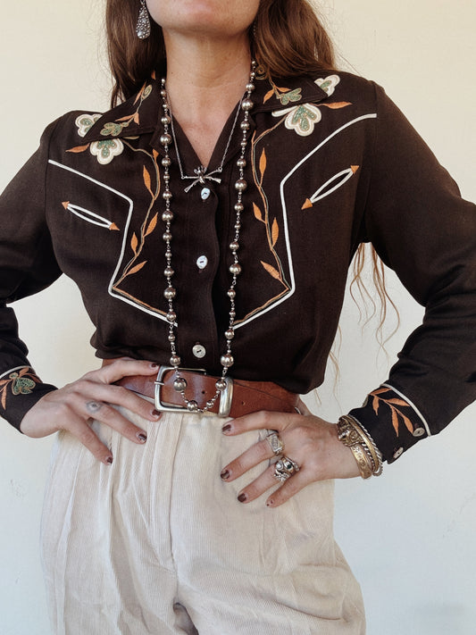 1940s/50s Chocolate Western Blouse w/ Orange + Mint Chain Stitching- M