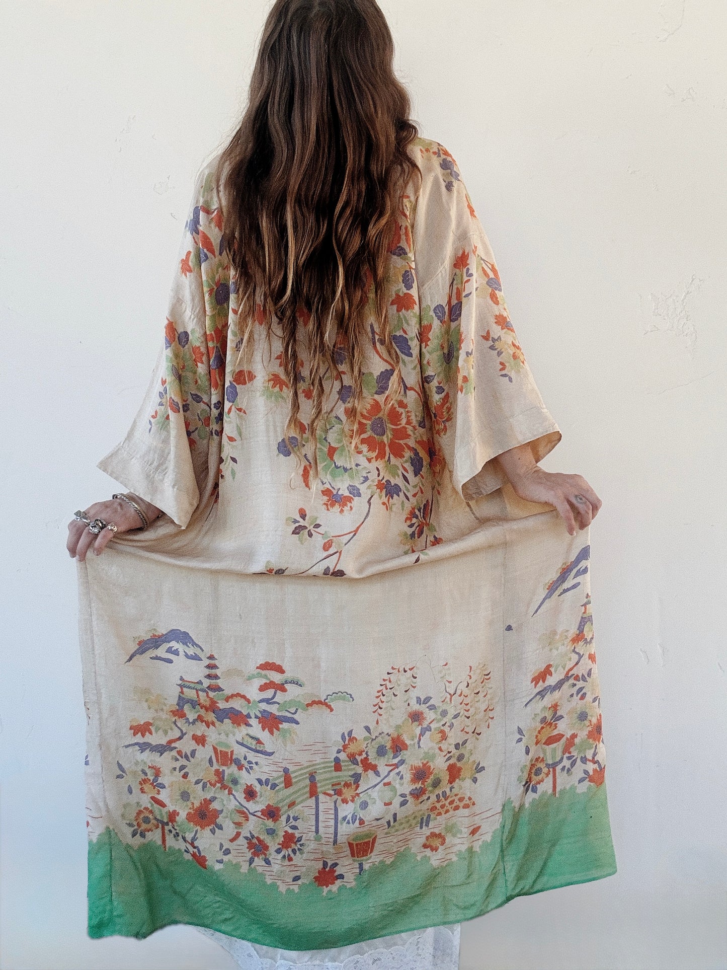 1920s Vibrant Pongee Silk Long Duster Robe