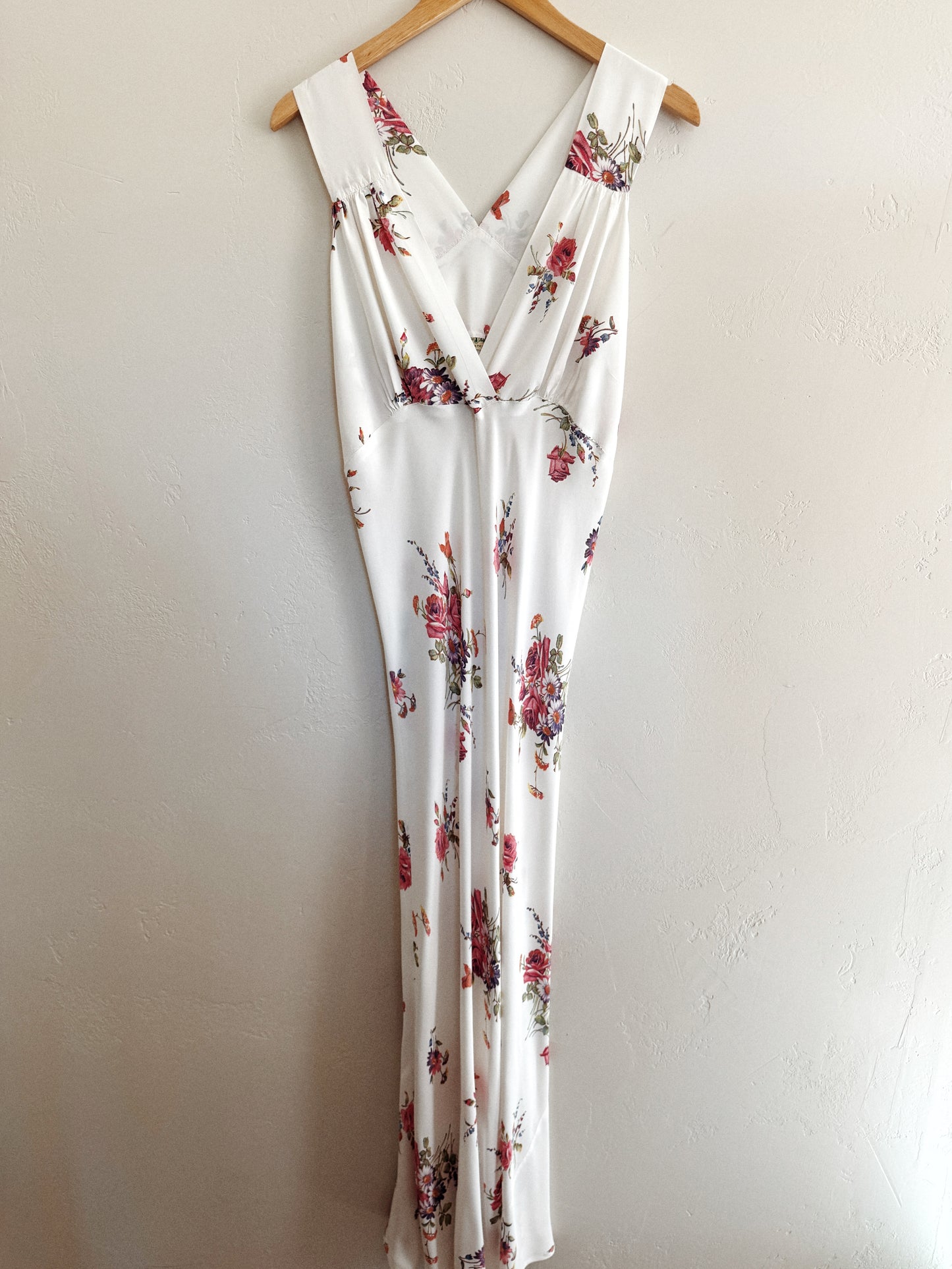 1940s White Cold Rayon Floral Razor Back Slip Dress- L