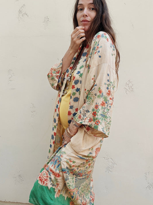 1920s Green Printed Pongee Silk Duster Robe