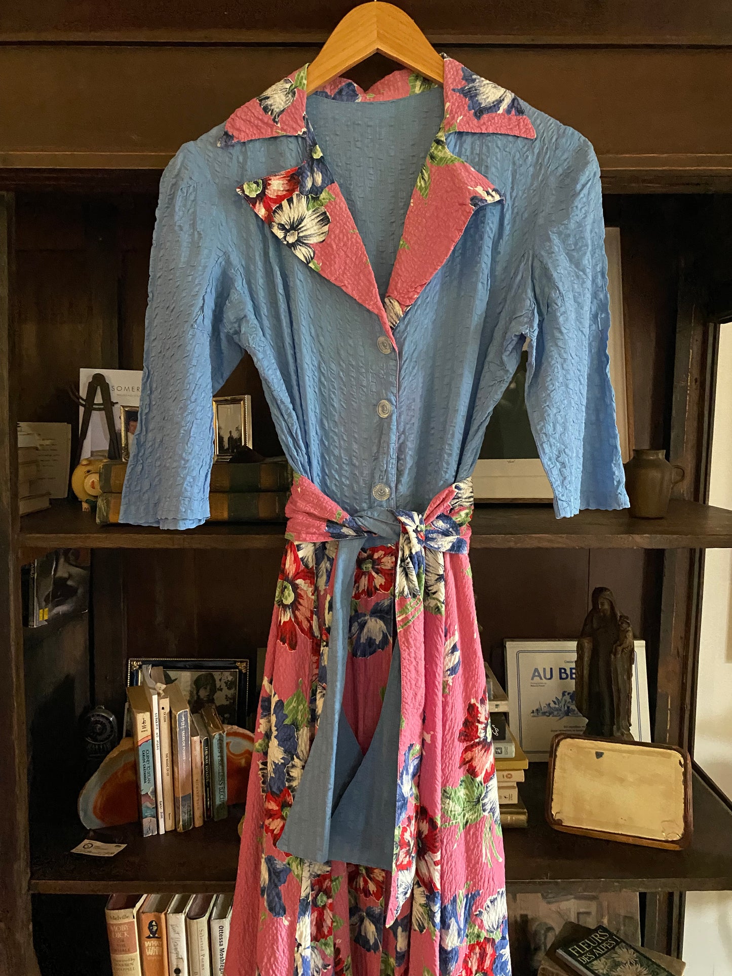 1930s/40s Blue + Pink Floral Seersucker Hostess Dress- M