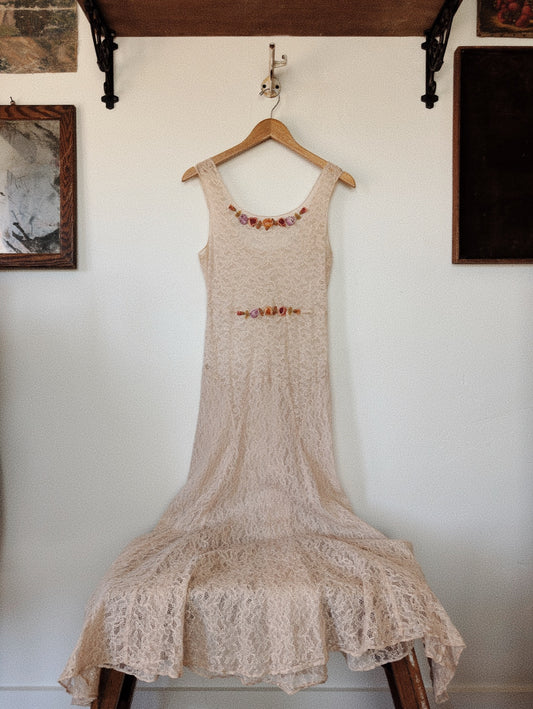 1930s French Ecru Lace Bias Cut Gown w/ Silk Rosettes- S