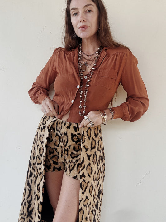 1950s Rare Leopard Faux Fur Short Ensemble w/ Brass Studs- S-S/M