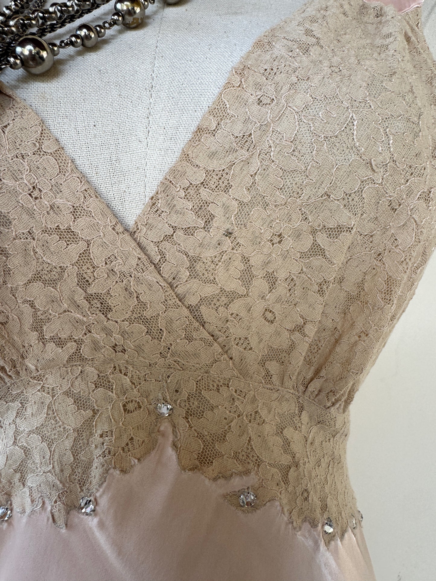 1930s/40s Pale Pink Liquid Satin + Lace Gown w/ Rhinestones- S/M
