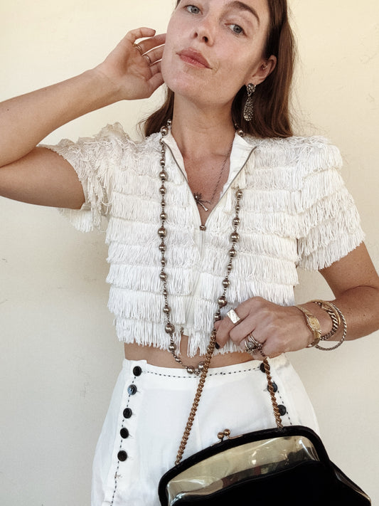 1930s Rare Cropped Tiered Fringe Zipper Front Top- S