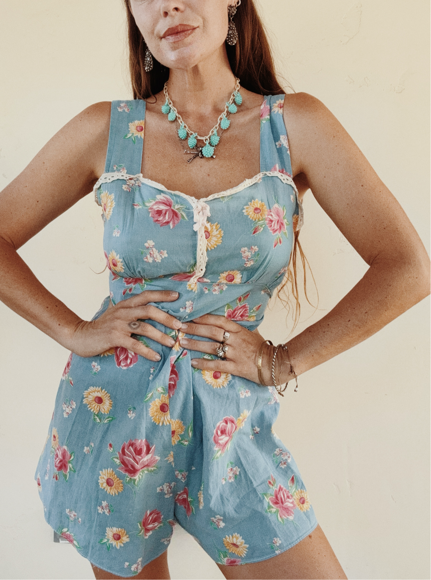 1940s Sky Blue Floral Cotton Playsuit- S