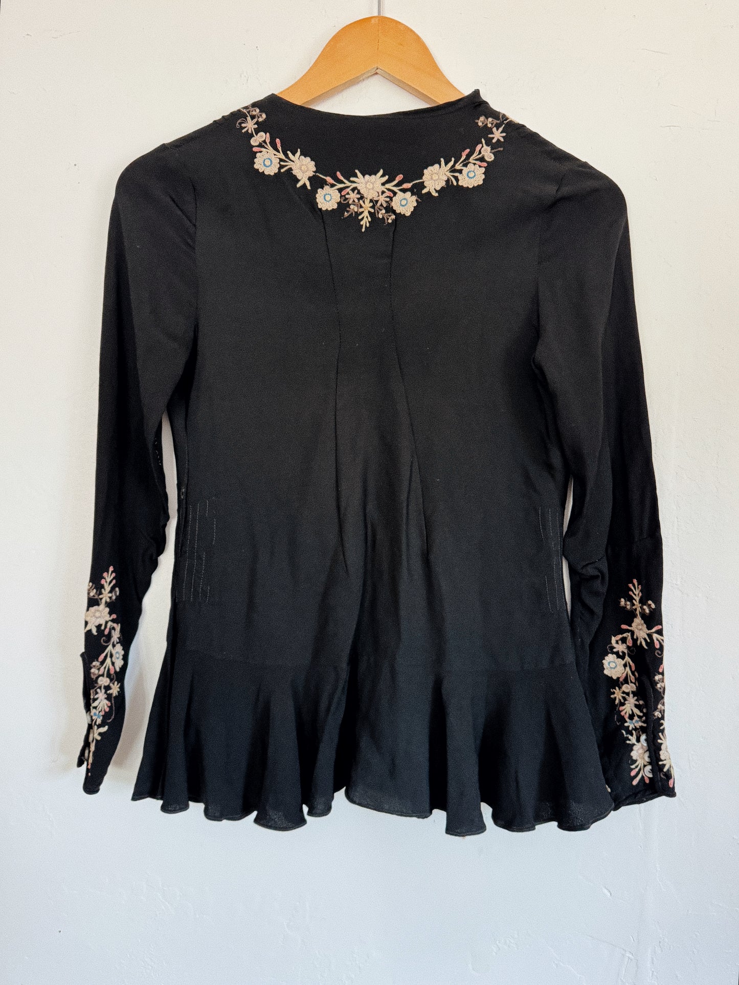 1930s Exquisite Black Embroidered Blouse- XS