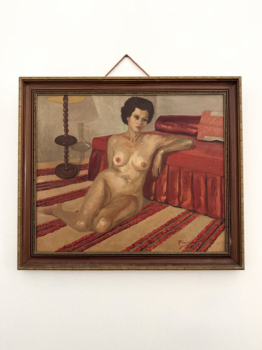 Mid Century Nude of Moroccan Woman on Red Striped Carpet- 21 x 25”