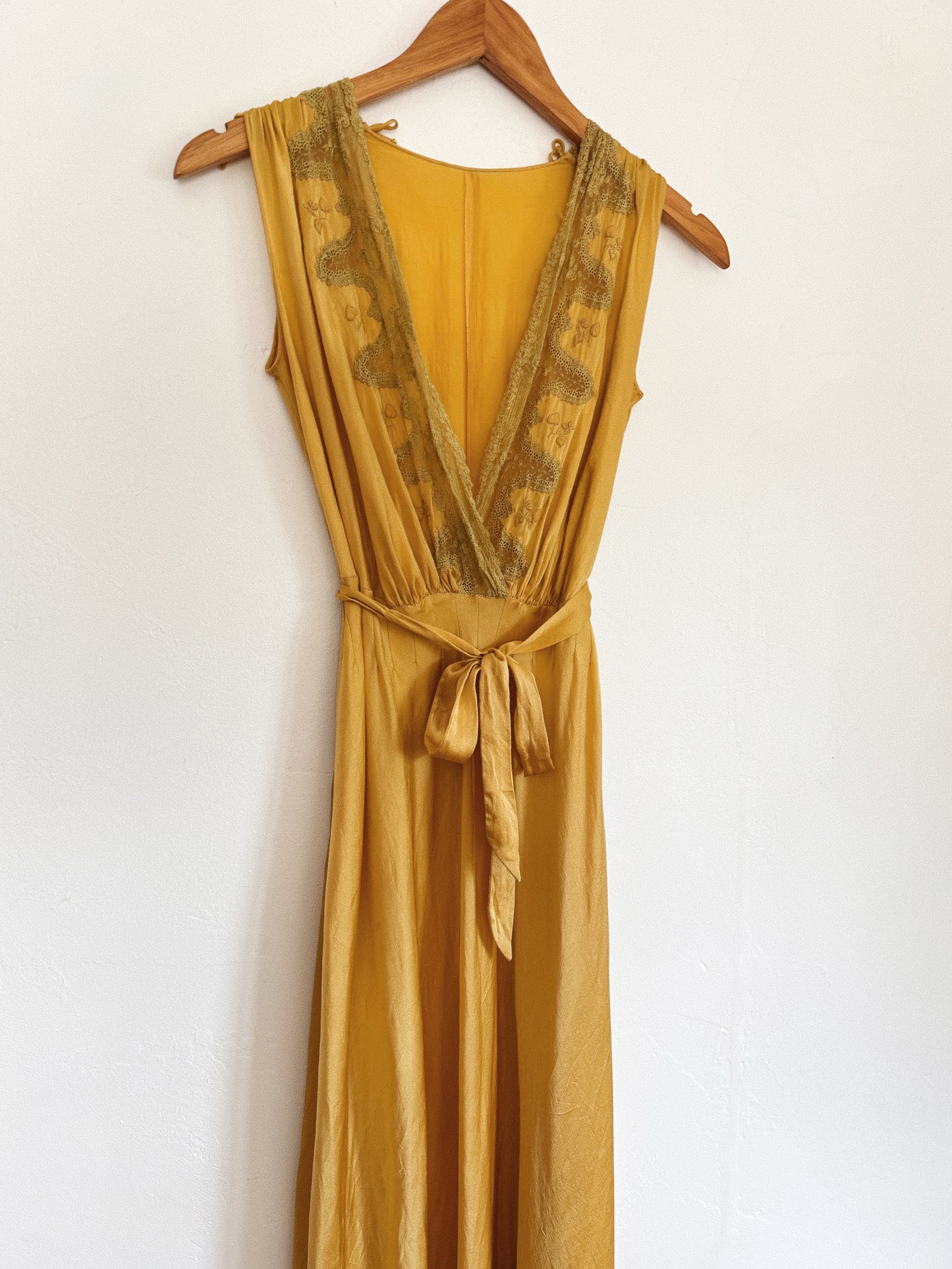 1930s Golden Saffron Silk Clover Embroidered Slip Dress- S-S/M