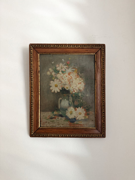 Antique French Spring Daisy Still Life. Oil on Wood- 10 x 8”