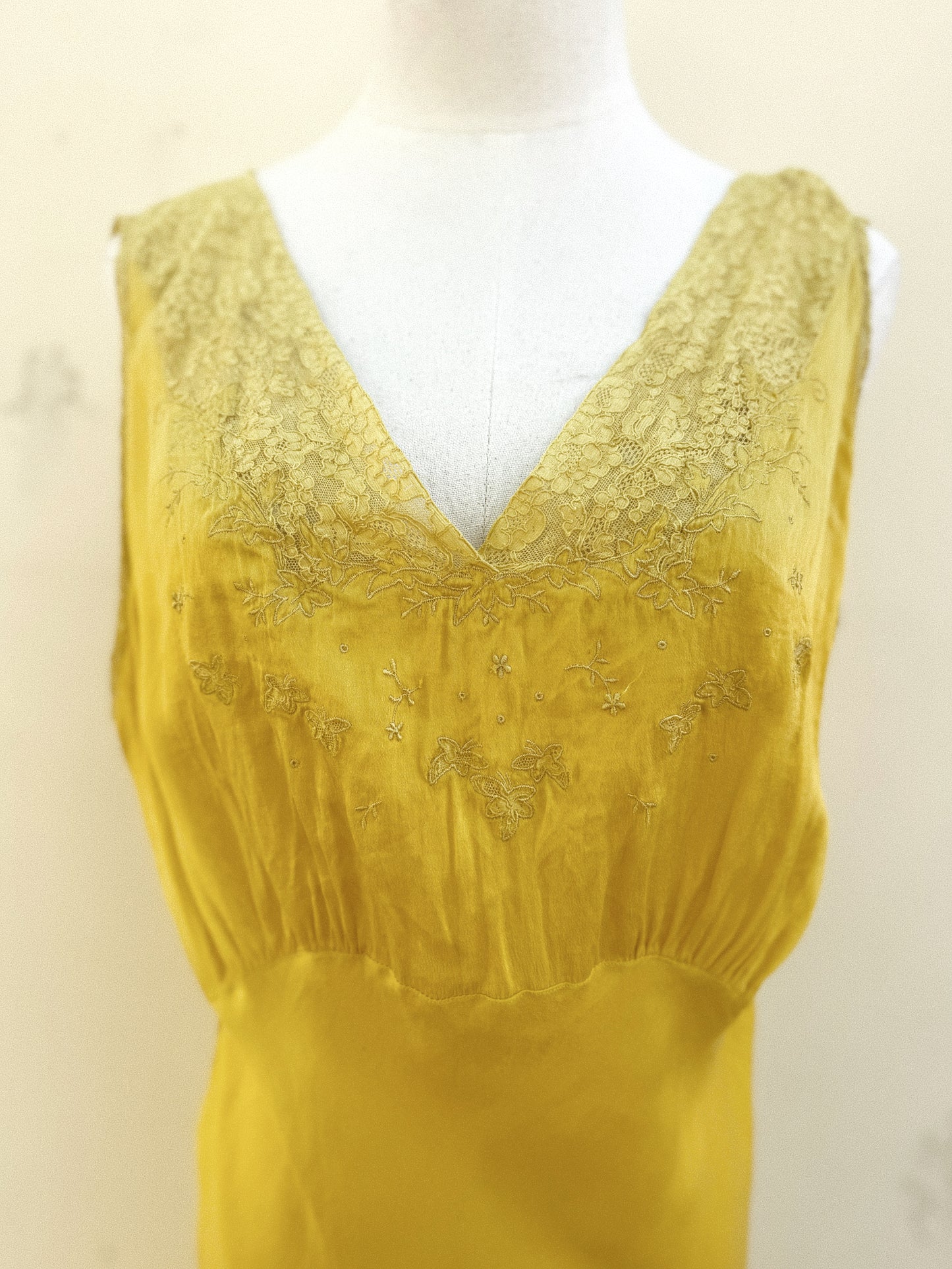 1930s Electric Mustard Silk Slip Dress w/ Floral Lace Inserts- M