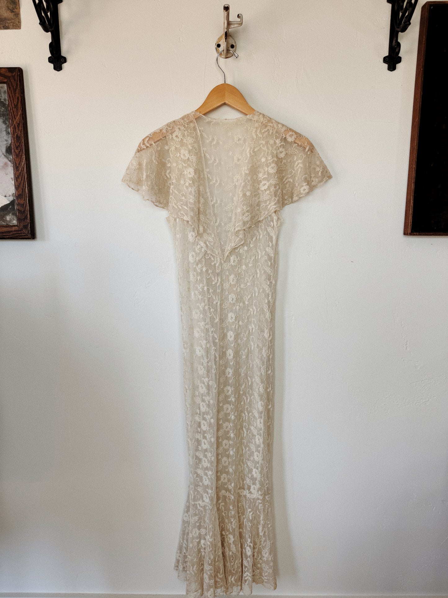 1930s French Lace Caplet Boudoir Duster Dress w/ Fishtail Hem- XS-S/M