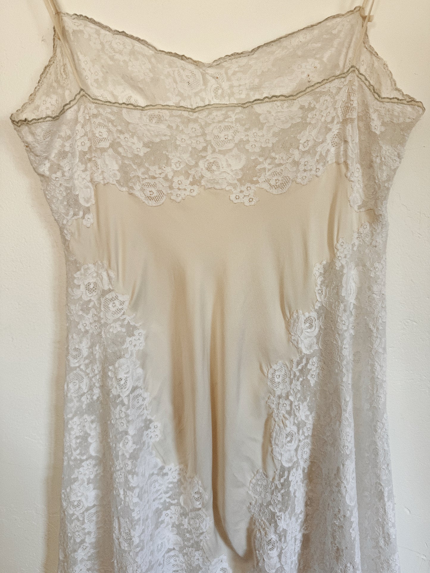 1940s/50s Ultra Pure White Lace + Silk Slip Dress w/ Pale Blue Flowers- S-M