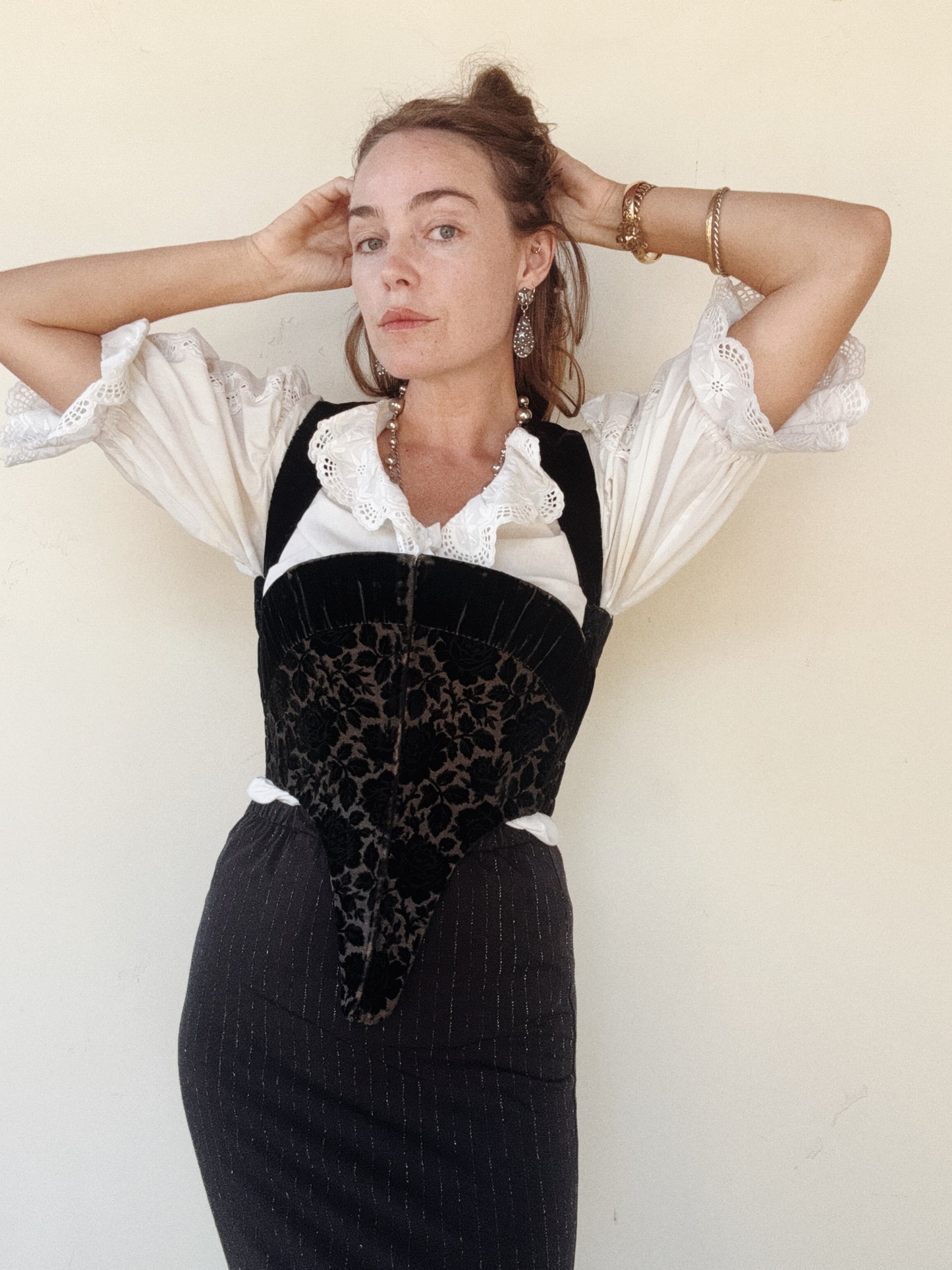 Antique Black Devoré Velvet Swiss Waist Corset- S/M
