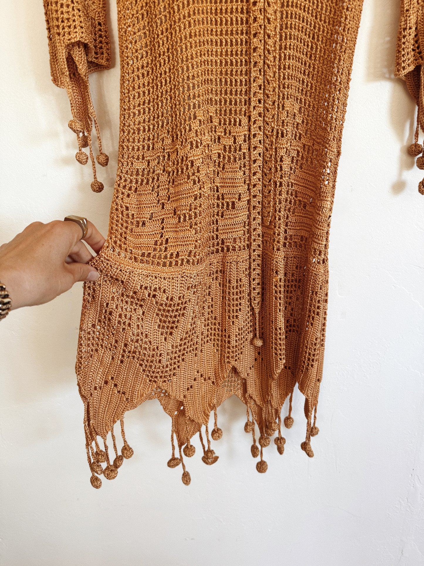 1920s Exquisite Caramel Crocheted Dress w/ Pom Poms- XS-S/M