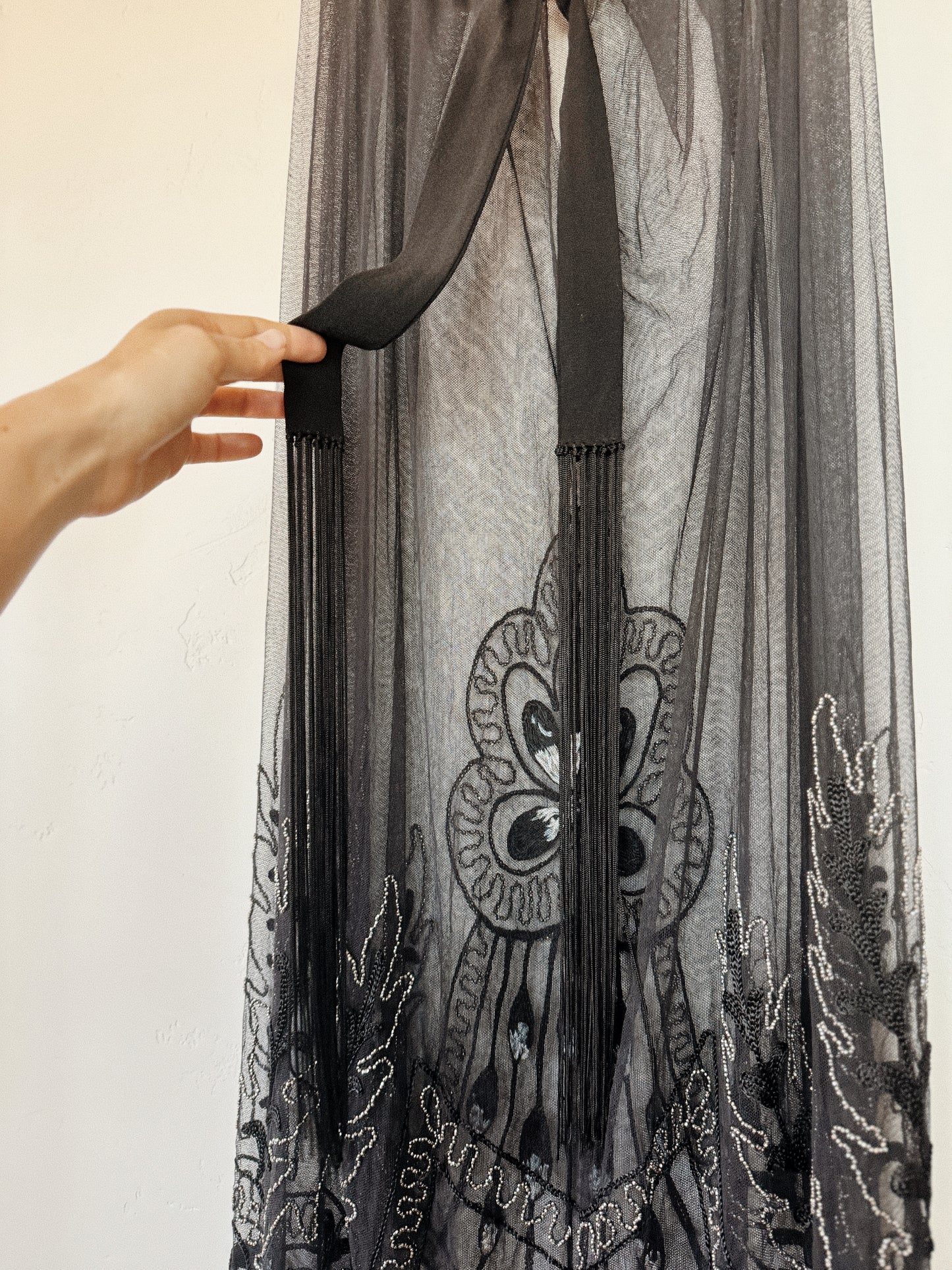 1920s Heavily Beaded Net Petal Fringe Skirt w/ Ombré Silk Embroidery- S/M