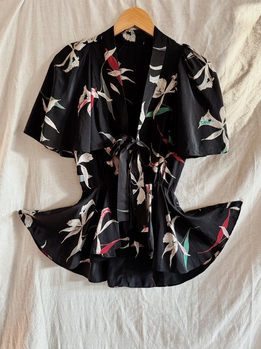 1930s/40s Black Orchid Silk Blouse w/ Flutter Sleeves- XS/S